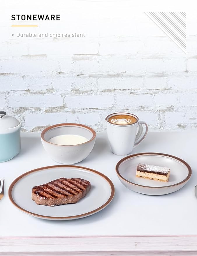 Table 12 Maldan Stoneware 16-Piece Dinnerware Set Service for 4 Coupe Shaped Dinnerware Reactive Glaze Off-White with Coffee Brown Rim Plates and Bowls Sets Dishwasher and Microwave Safe TD16YN