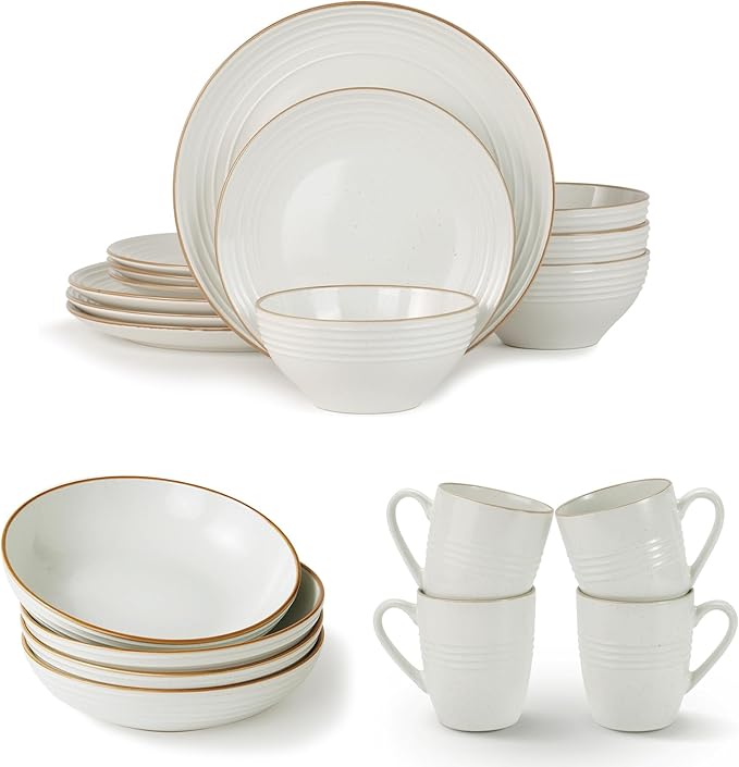 Famiware Jupiter 12-Piece Dinnerware Sets 4-Piece Pasta Bowls 4-Piece 14 oz Mug Set 20-Piece Stoneware Dinnerware Sets White