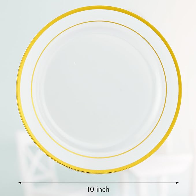 Vplus 100 Piece 10 Inch Gold Plastic Plates Disposable Heavy Duty White Elegant Durable Dinner Plastic Party Plates with Gold Rim Perfect for Party Christmas