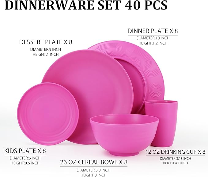 Wheat Straw Dinnerware Set 40 PCS | Service for 8 | Unbreakable Plates and Bowls Sets Plastic Reusable Dishes Sets Dinner Plates Cereal Bowls Water Cups Kitchen Set for Home RV- Pink