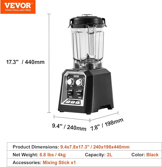 VEVOR Professional Blender Commercial Countertop Blenders 68 oz Jar Blender Combo Stainless Steel 3 Functions for Frozen Drinks Shakes Smoothies Peree and Crush Ice Black