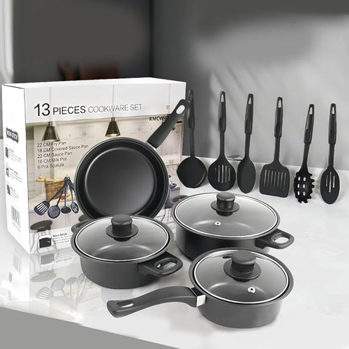 13 Piece Set Cookware Set Non-Stick Portable Lightweight Iron Pots and Pans with Glass Lids and Nylon Utensils for Outdoor Camping Picnic Travel Cookware