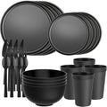 20 Piece RV &amp Camping Dinnerware Set Elegant Ceramic-Look Large Bowls &amp Plates Unbreakable &amp 100% Microwave Safe Melamine Alternative Service for 4 Black