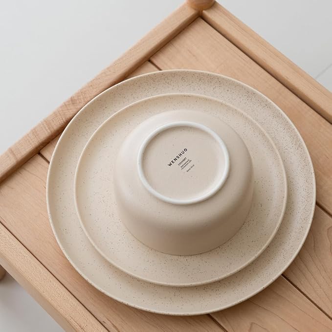 Stoneware Plates and Bowls Set - 12pcs Reactive Glazed Dinnerware Service for 4 Scratch &amp Chip Resistant (Oat Beige)