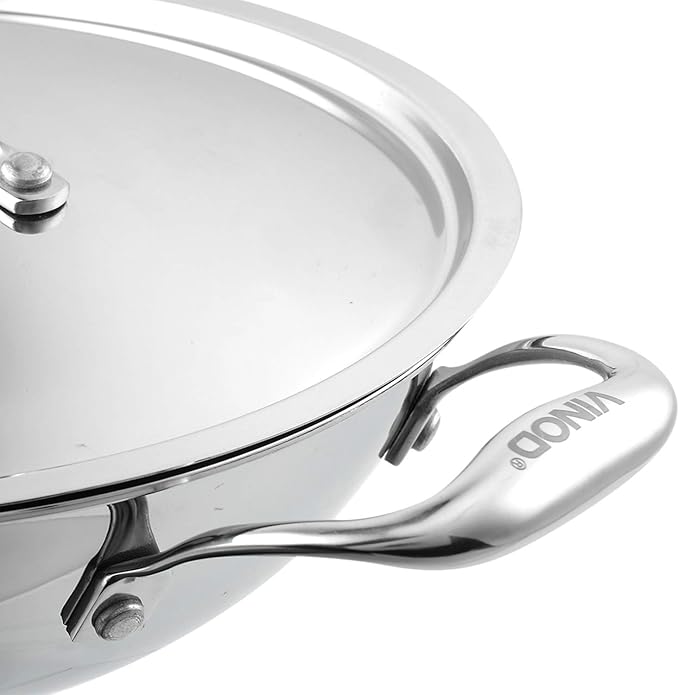 Vinod Platinum Triply Stainless Steel Cookware Combo Set of 2 | 1.5 Litre Kadai (20cm) 20 cm Frypan | Extra Deep Kadai with Lid for Cooking | Induction Cookware