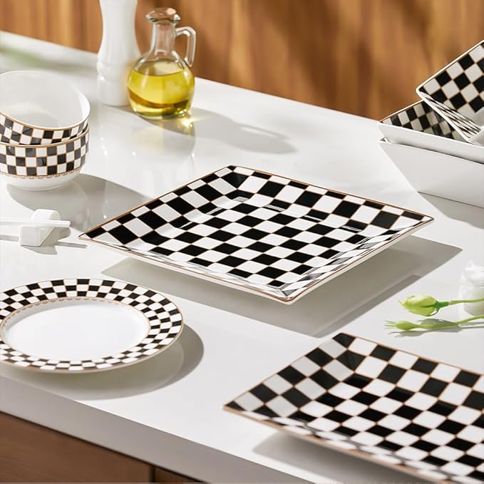 Porlien Checker Porcelain Square Dinnerware Set for 4 Dishes Set for 4 with 3.3-inch Dipping Saucers Black and White Plates and Bowls Set