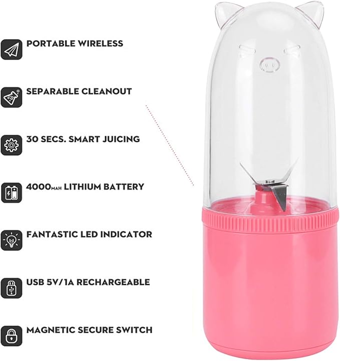 Portable Blender 500ML USB Rechargeable Mixers Fresh Fruit Juicers Bottle Shape Mini Electric Blender Strong Cutting Power with 4 Blades for Home Sport Office Campin (Pink)