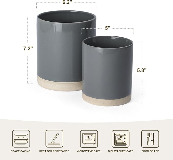 Famiware Mars Plates and Bowls Set of 12 and Milkyway Kitchen Utensil Holder for Countertop Set of 2 14 Pieces Dinnerware Sets Dark Gray