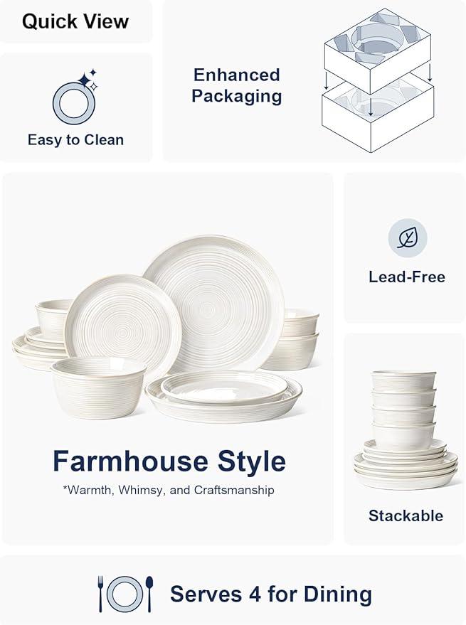 LE TAUCI Ceramic Plates and Bowls Set for 4 12-Piece Ceramic Dinnerware Set Farmhouse Dishes Set Microwave &amp Dishwasher Safe Stackable12-Piece Arctic White (10 Dinner+8 Salad Plates+6 Bow