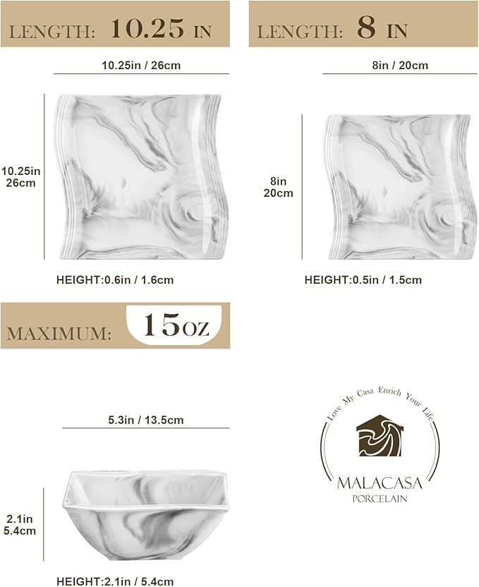 MALACASA Plates and Bowls Set 12-Piece Modern Porcelain Dinnerware for 4 Marble Square Ceramic Dish Set Microwave and Dishwasher Safe Flora Series