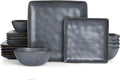 Famiware Dinnerware Sets for 6 Ocean Square 18-Piece Kitchen Plates and Bowls Sets Microwave and Dishwasher Safe Scratch Resistant Matte Black