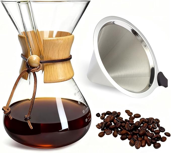 Pour Over Coffee Maker with Filter Subjectthree 34oz Glass Coffee Carafe Dripper Pourover Set (10 Cup/34 oz)