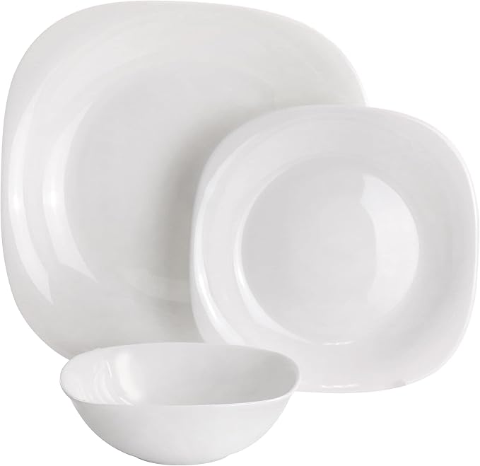 18 Piece Soft Square Opal Glass Dinnerware Set White Solid Casual Dishwasher Safe