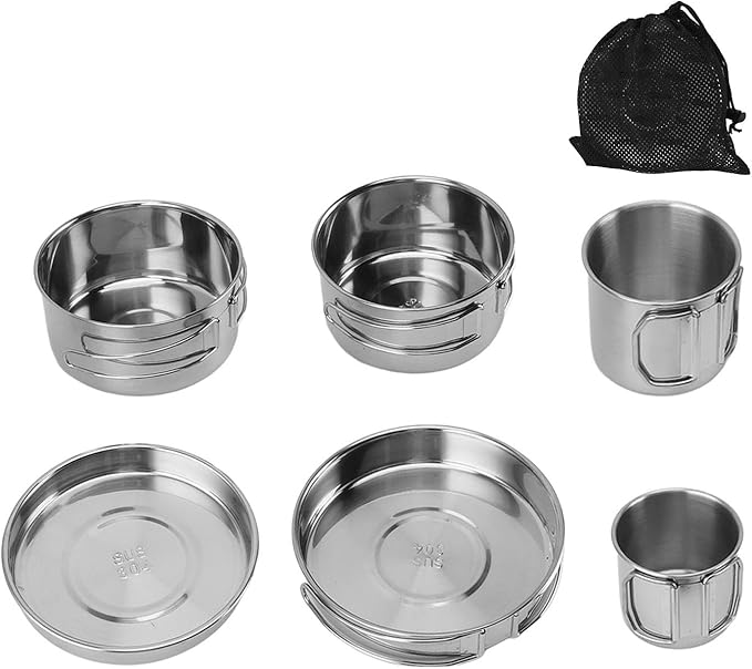 Pilipane Portable Cookware Set Stainless Steel Multifunctional Efficient Heating Lightweight Easy to Clean for Camping Hiking Outdoor Activities 6PCS Set