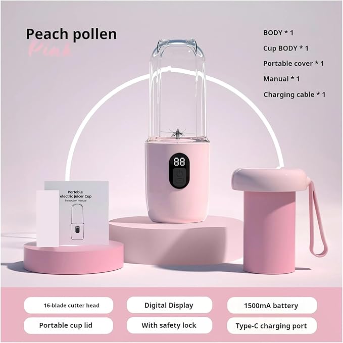Compatible for 500ML Portable Blender with Lid Rechargeable Wireless Orange Juicer 16 Stainless Blades Smoothie Vegetables Fruits Mixer(Pink)