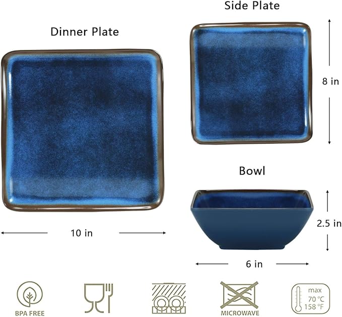 Melamine Dinnerware Sets 12 Pcs Square Plates and Bowls Sets of 4 Unbreakable Dishes Set for Outdoor Use Lightweight Dishware Set for CampingPatio and RV Dishwasher Safe Navy Blue