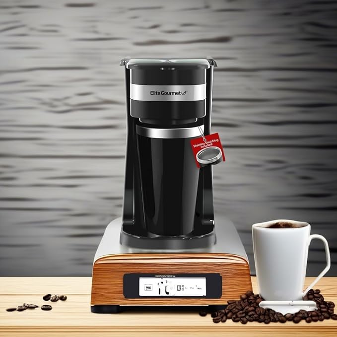 Elite Gourmet EHC113 Personal Single-Serve Compact Coffee Maker Brewer Includes 14Oz. Stainless Steel Interior Thermal Travel Mug Compatible with Coffee Grounds Reusable Filter Black