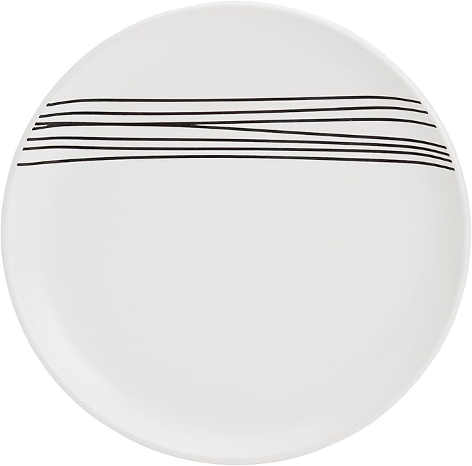 Tabletops Gallery 12-Piece Embossed White Black Striped Stoneware Dinnerware Set of Kitchen Dishes Round Dinner Salad Plates Cereal Bowls Service for 4 Skye
