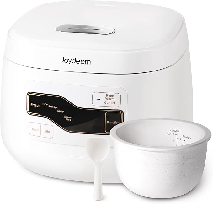 Joydeem Ceramic Rice Cooker FD20S-W 4 Cups Uncooked Rice Cookers with Pure Ceramic Inner Pot 24h Dealy Start 2L White