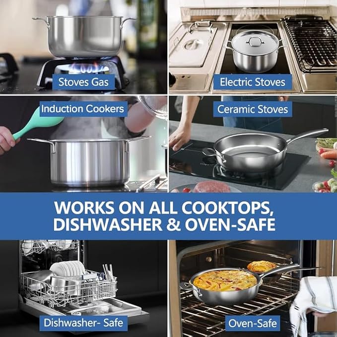 Nuwave Pro-Smart 9pc Stainless Steel Cookware Set Heavy-Duty Tri-Ply 3.1mm Thickness 18/10SS Space Saving Nestable Design Stay-Cool Handles Induction-Ready Works on All Cooktops 20Yeär Wärranty