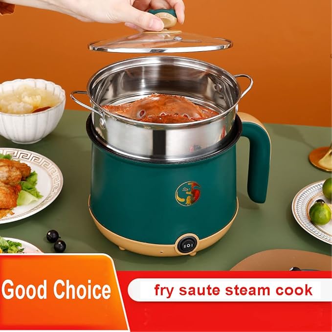 Electric Hot Pot Electric Sauté Pan 600W Food Grade Stainless Steel Cooker with Power Adjustment 1.8L for Rice Shabu Noodles Soup Ramen Steaming Basket (Green)