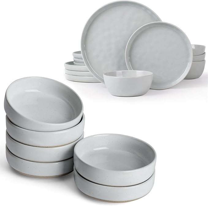 Famiware Mars Plates and Bowls Set of 12 and Milkyway 4oz Dipping Bowls Set of 6 18 Pieces Dinnerware Sets Light Gray