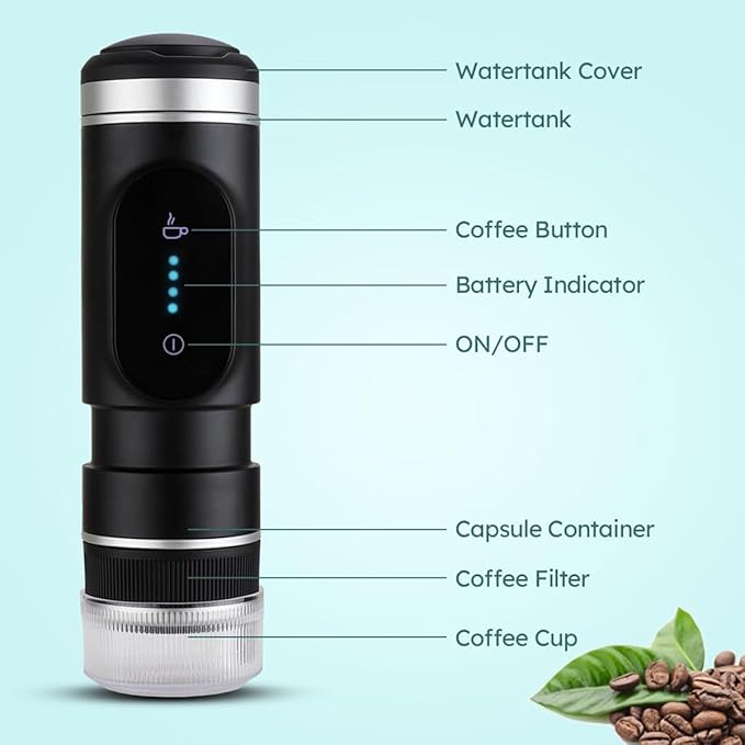 Portable Espresso Maker Compact Battery Operated Coffee Maker for Travel or Camping Black 80ml Capacity