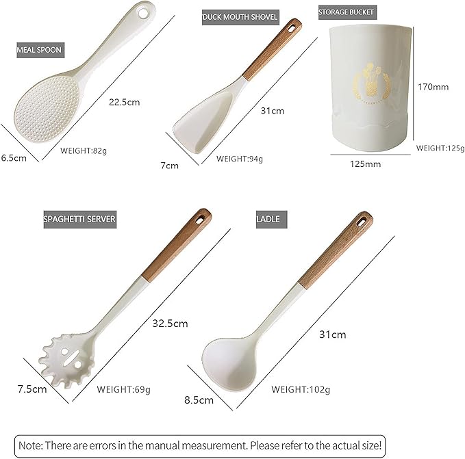 13 Piece White Wooden Handle Utensils Set Silicone Non-Stick Cookware Available Non-Scalding Handle Kitchen Set Home Cooking Baking Complete Set with Storage Bucket