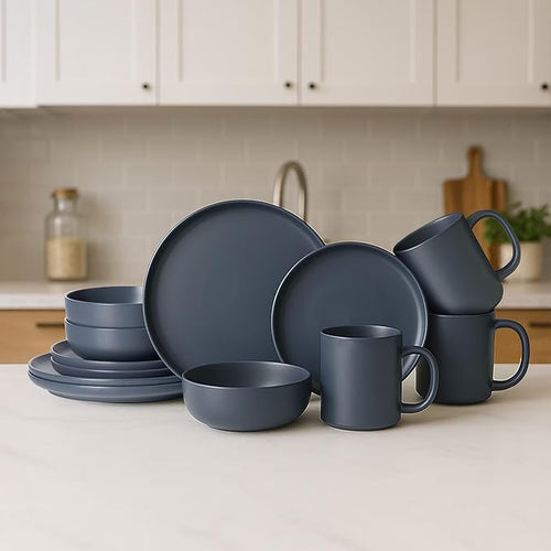 12-Piece Matte Blue Dinnerware SetStoneware Dinnerware for 3 Microwave &amp Dishwasher Safe Stackable Design for Kitchen and Dining - PlatesBowls and Mugs