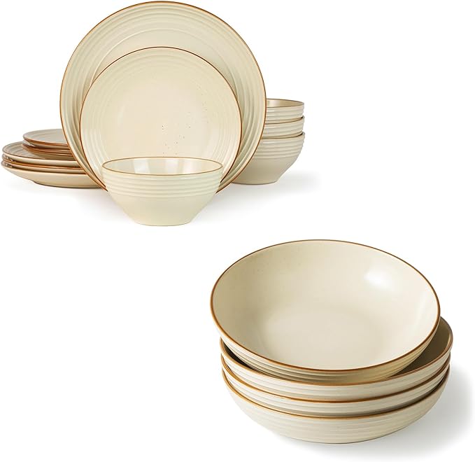 Famiware Jupiter Plates and Bowls Set for 4 16 Pieces Dinnerware Sets 8.5 Pasta Bowls for Serving Vanilla White