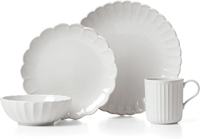 Lenox Dinnerware Set French Perle Scallop 4-Piece Place Setting Service For 1 Dinnerware Set Stoneware Includes Plates Bowl and Mug Dishwasher And Microwave Safe Dish Set (White 4 Piece)