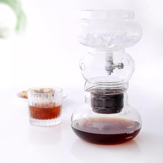 Ice Drip Coffee Maker Cold Brew Coffee Dripper Tower with Adjustable Dripper Borosilicate Glass Pot Wood Straight Frame for Home Office Makes 3-5 Cups