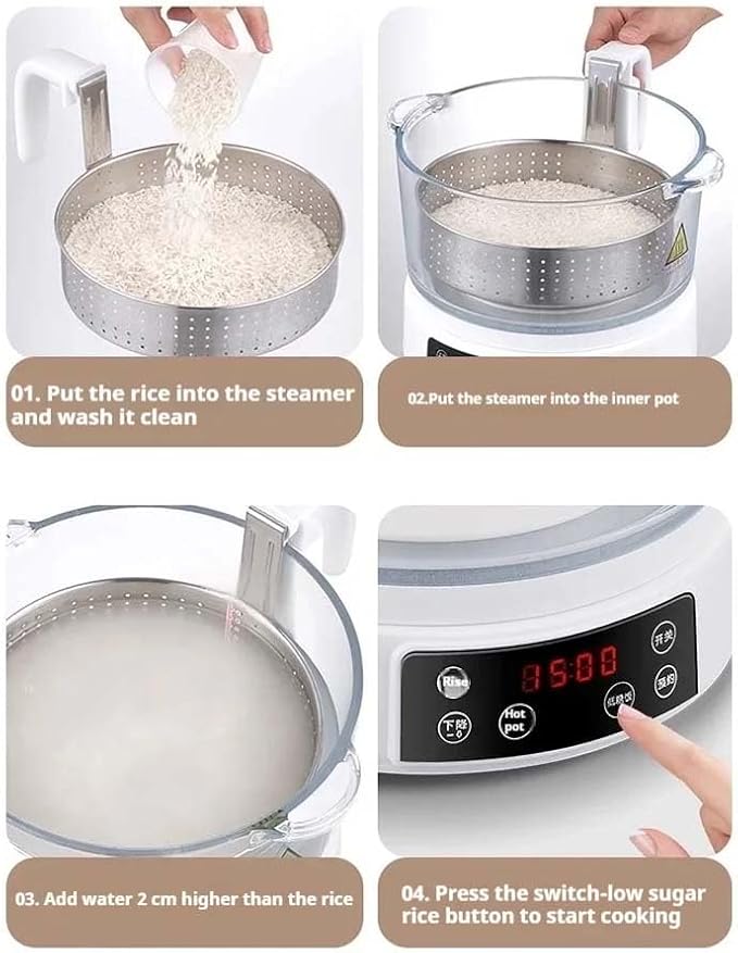 Rice Cooker Rice Steamer Low Carb  Low Sugar Digital Steamer 3.3L Glass Inner Pot with Steaming Basket Visual Electric Cooker with 6 Menus for Family Use