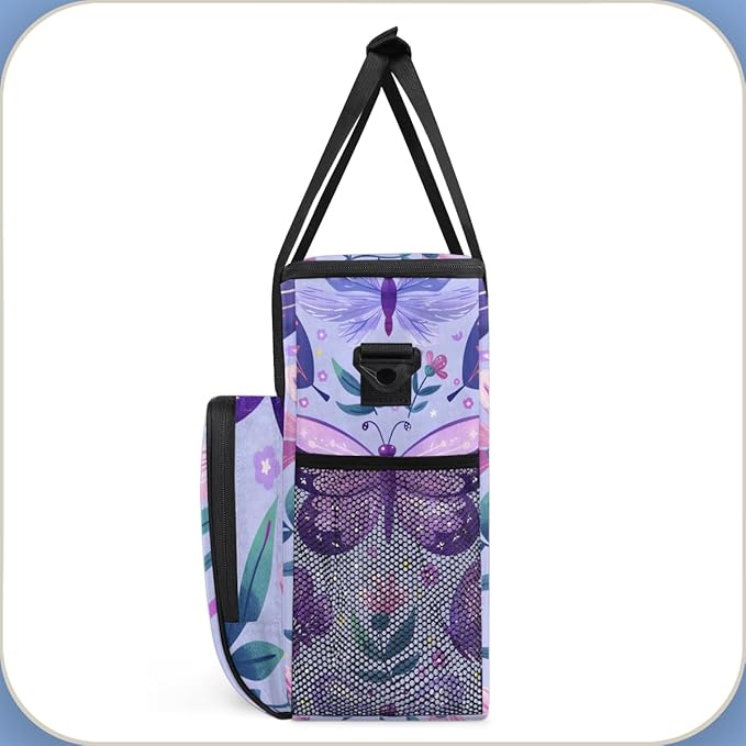Purple Butterfly Travel Coffee Maker Carrying Bag Butterflies Rustic Floral Large Organizer Storage Tote Bag Insulated Reusable Cooler Lunch Bags