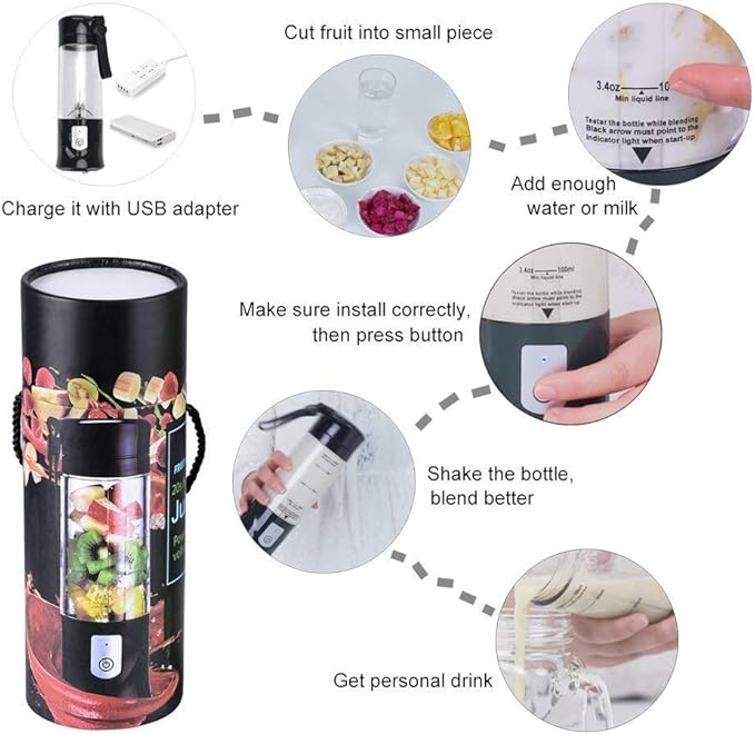Portable BlenderToycol Mini Personal Size Blenders for Smoothies and ShakesUSB Travel Juicer Cup Fruit Juice Mixer with 6 Updated Bladesusb Blender 13.5Oz Bottle (Black)