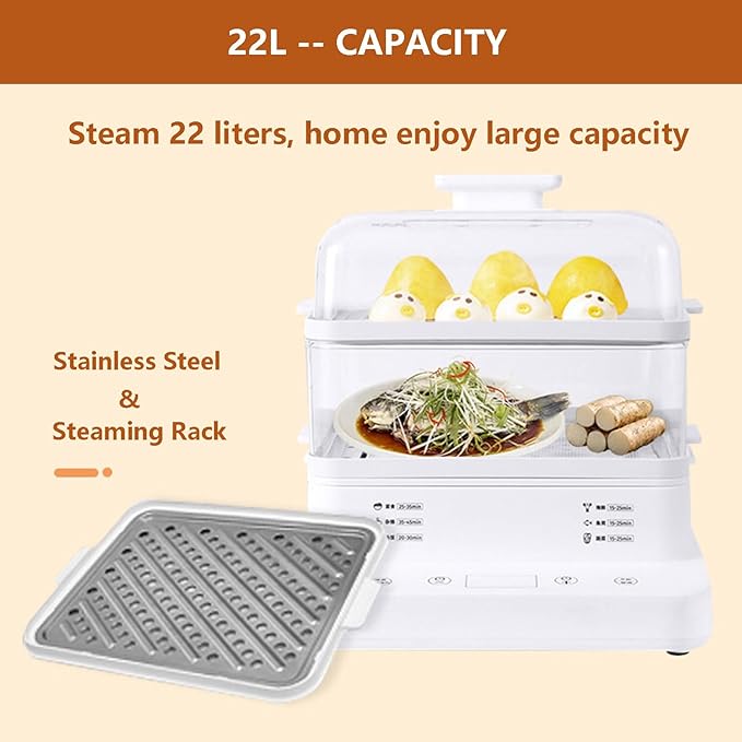22l Electric Rice Cookers with 3-Layer Stainless Steel Steam Rack Steam Cooker for Hot Food Kitchen Steamer 6 Pre-Set Cooking Modes for Home Use 24 Hours Heat Preservation