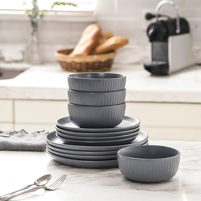 Stone Lain Logan 12 Pieces Stoneware Dinnerware Set Grey