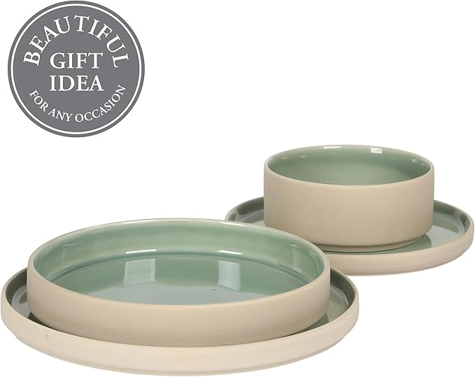 Gibson Elite Liberty Bay 16-Piece Pottery Clay Stoneware Dinnerware Set – Mint Green Reactive Glaze Stackable Plates and Bowls W/Pasta Bowl Service for 4 – Microwave &amp Dishwasher Safe