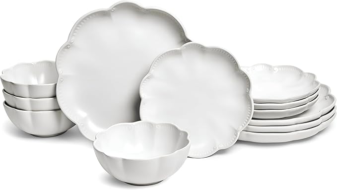 Sango Bethany 12 Pieces Scalloped White Plates &amp Bowls Set