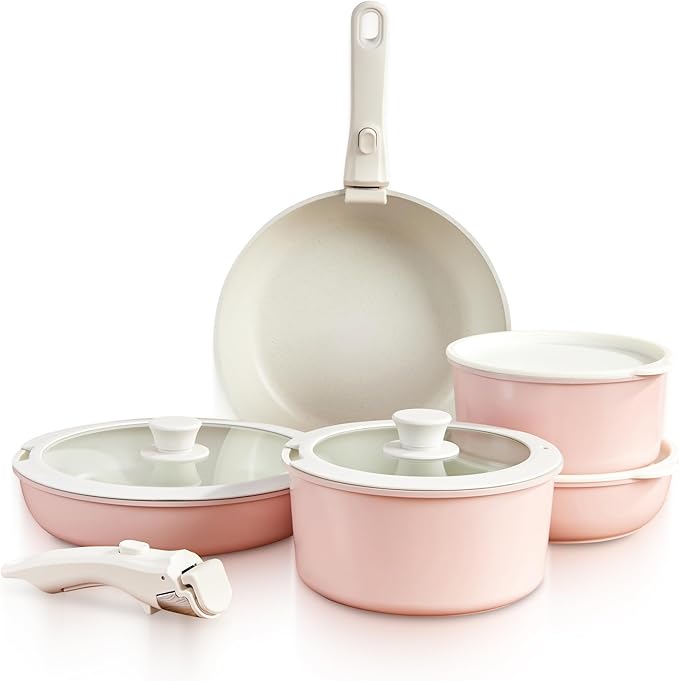 GOURMETIFIC® Pots and Pans Cookware Set [11 PIECES] - Non Toxic Ceramic Coated Cooking Ware - Induction Gas &amp Oven Kitchenware - Non Stick Pot &amp Pan with Removable Handles &amp Stackable (Bl