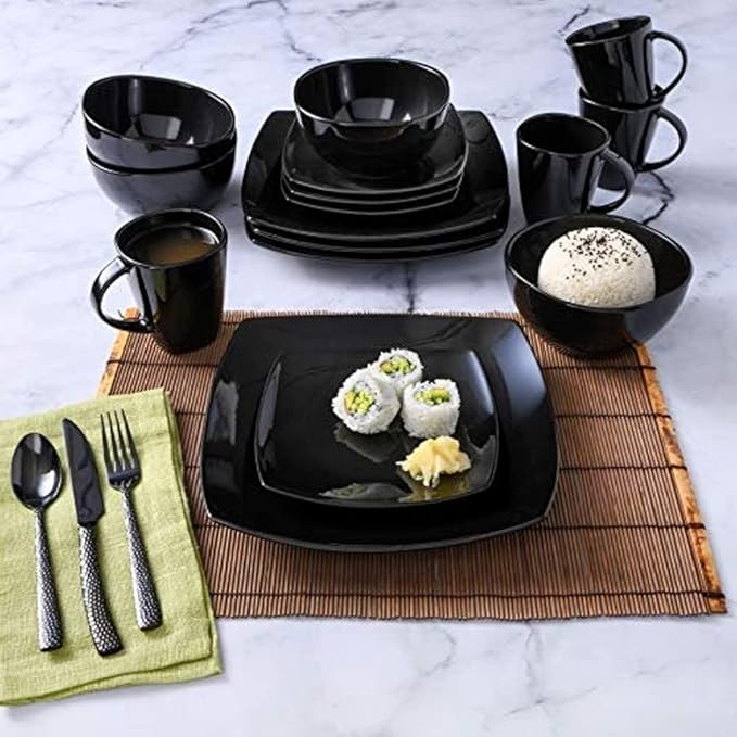 16 Piece Square Two-Tone Stoneware Dinnerware Set For 4 | Reactive Glaze FinishDishwasher &amp Microwave Safe Expertly Crafted | Perfect for Kitchen Dining Durable Dark Black Shade Modern Appearanc