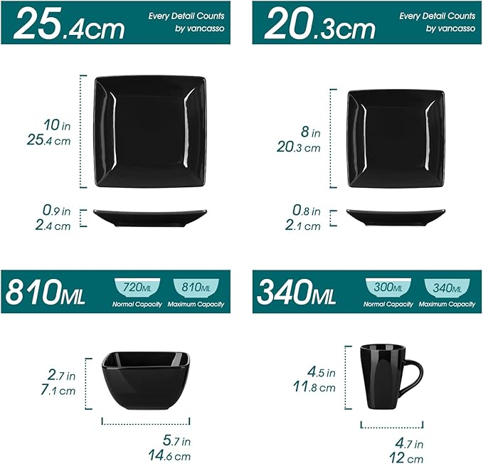 vancasso Soho Dinnerware Sets 24 Pieces Black Stoneware Square Place Setting Dinner Plate Cups and Plates Sets for Kitchen Dish Set for 6