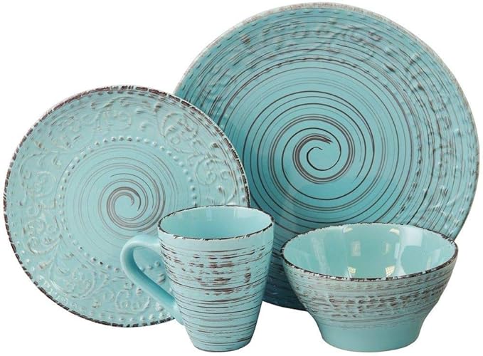 16 Piece Traditional Rustic All Seasons Durable Stoneware Farmhouse Dinnerware Set Dishwasher Safe Turquoise Subtle Swirl Pattern Round Dinner Plate Dessert Plates Bowls Mugs Dinnerware Set for 4