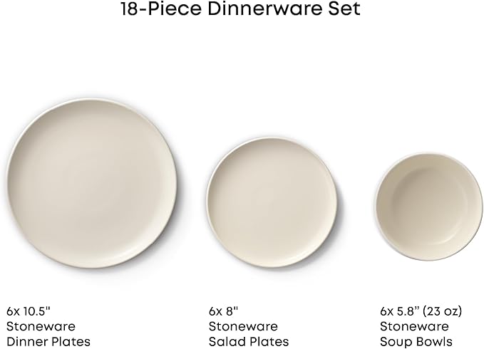 JoyJolt Mesa Stoneware Dinnerware Set 18-Piece Plates and Bowls Sets Includes Dinner - Salad and Cereal and Soup Bowls Modern Farmhouse Matte (Linen) White Dish Set for 6