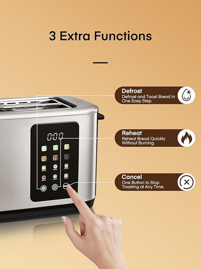 4 Slice Toaster Touch Screen Control Long Extra Wide Slots Smart Bread Toaster 6 Bread Types &amp 6 Shade Settings Stainless Steel Toaster with Removable Tray Cancel/Defrost/Reheat Function Sli