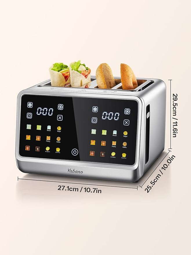 Yabano 4-Slice Toaster with Smart Touch Control 6 Shade Levels &amp 6 Bread Settings Extra Wide Slot for Bagels/English Muffins Compact Design with Removable Crumb Tray