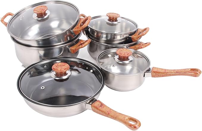 Pots and Pans Set Non Stick Stainless Steel Pots Pans Set with Glass Lid &amp Ergonomic Handle Kitchen Cookware Sets Non Stick Cooking Set for Frying Boiling Noodles Soup #311