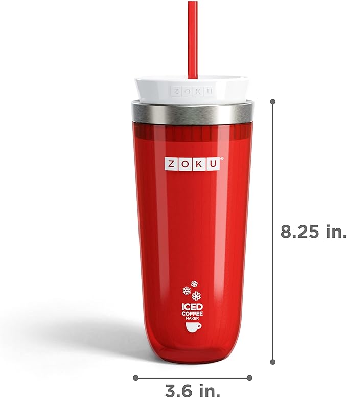 Zoku Instant Iced Coffee Maker Reusable Beverage Chiller Cools Hot Beverages in Minutes Without Dilution Portable 11-ounce Tumbler With Spill-resistant Lid and Straw Red