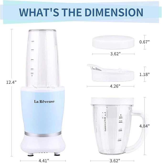 La Reveuse Personal Size Blender 250 Watts Power for Shakes Smoothies Seasonings Sauces with 1 Piece 15 oz Cup1 Piece 10 oz MugBPA-Free (Sky Blue)