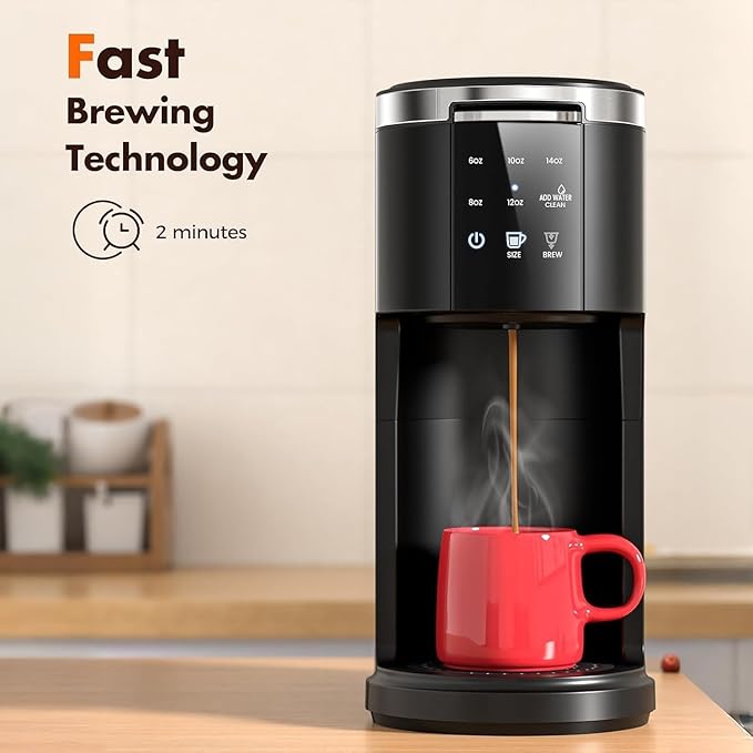 Single Serve Coffee Maker 2 in 1 Coffee Machine for K-Cup &amp Ground Coffee 6 to 14oz Brew Sizes Pod Coffee Makers with 40oz Removable Water Reservoir LCD Screen Self-cleaning for Home